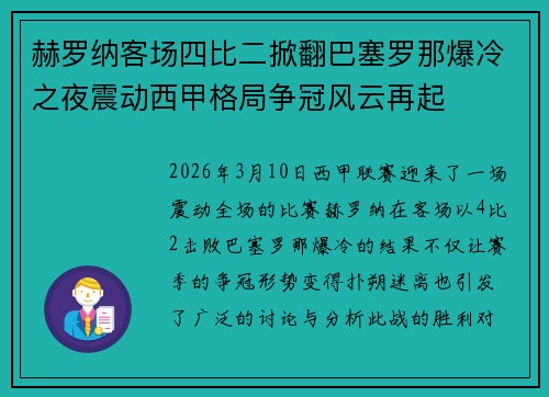 赫罗纳客场四比二掀翻巴塞罗那爆冷之夜震动西甲格局争冠风云再起