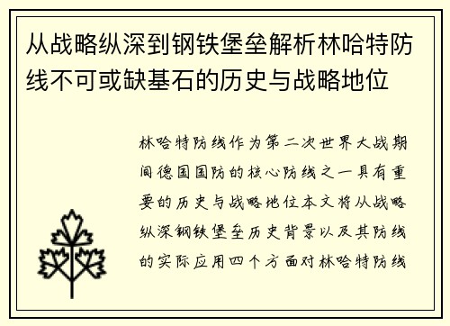 从战略纵深到钢铁堡垒解析林哈特防线不可或缺基石的历史与战略地位 从战略纵深到钢铁堡垒解析林哈特防线不可或缺基石的历史与战略地位