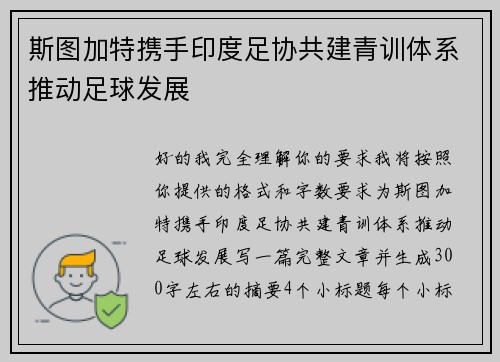 斯图加特携手印度足协共建青训体系推动足球发展
